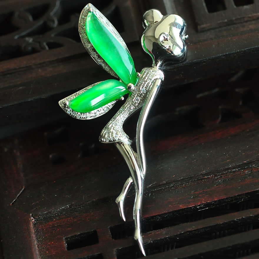 精品天然翡翠冰种a货满绿起光精灵花仙子吊坠--18k金镶钻 4.22g