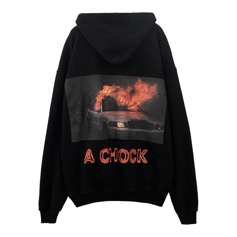achock原创logo刺绣汽车火焰印花上衣潮woo专属宽松情侣连帽卫衣
