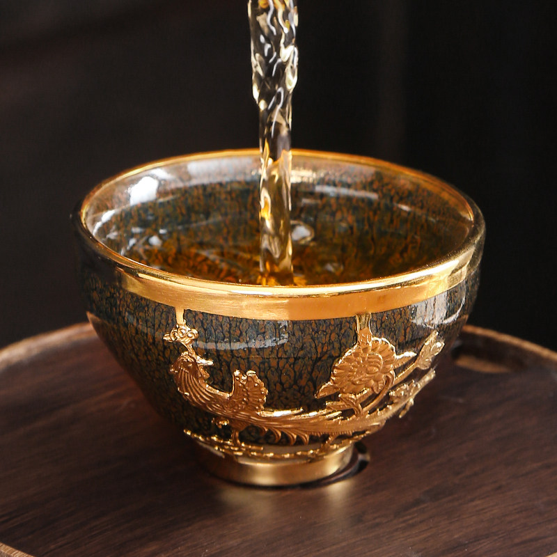 主人杯茶杯金镶玉陶瓷茶具建盏金色送礼茶杯高档礼盒送礼佳品茶具