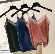 V-neck lace lace velvet winter bottoming shirt mesh warm sexy small suspenders solid color slim vest pajamas