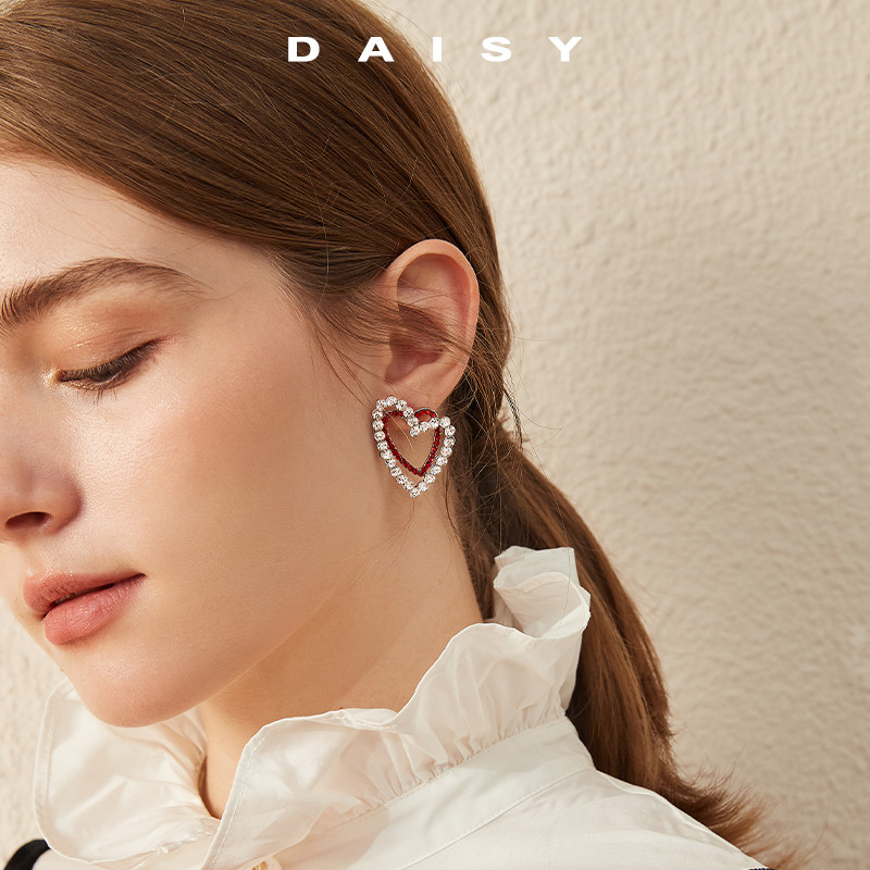 棋盘格小熊爱心独特耳环女气质不对称小众设计感耳钉925银针耳饰