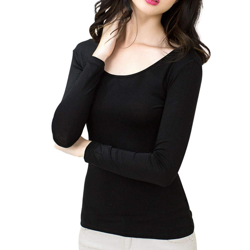 特价纯色修身t恤女_莫代尔黑色打底衫长袖女春秋薄款大圆领修身百搭