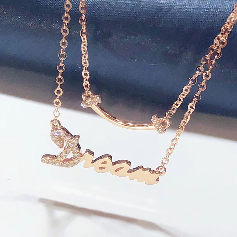 纯18k玫瑰金钻石微笑英文dream梦想项链锁骨链双层锁骨项链笑脸女