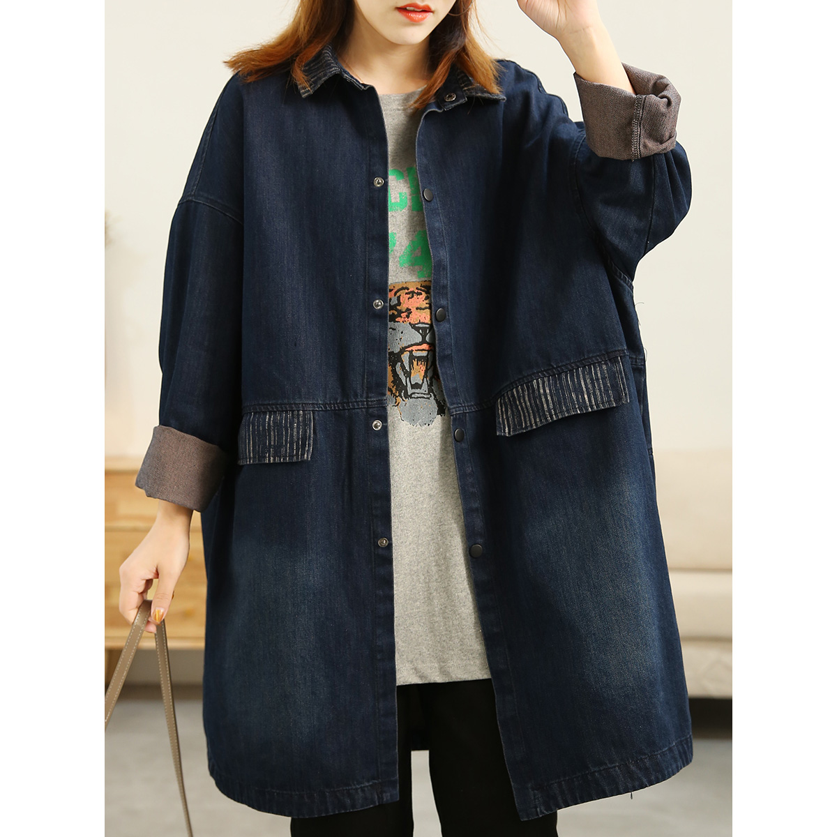 绿素棉 可甜可咸的中长款牛仔大码风衣女气质polo领休闲外套春夏