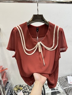 2024春夏新款娃娃领洋气遮肚子小衫红色上衣减龄针织衫短袖衬衣女