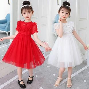 女童连衣裙春夏新款儿童六一表演公主裙礼服女孩红色蕾丝洋气裙子