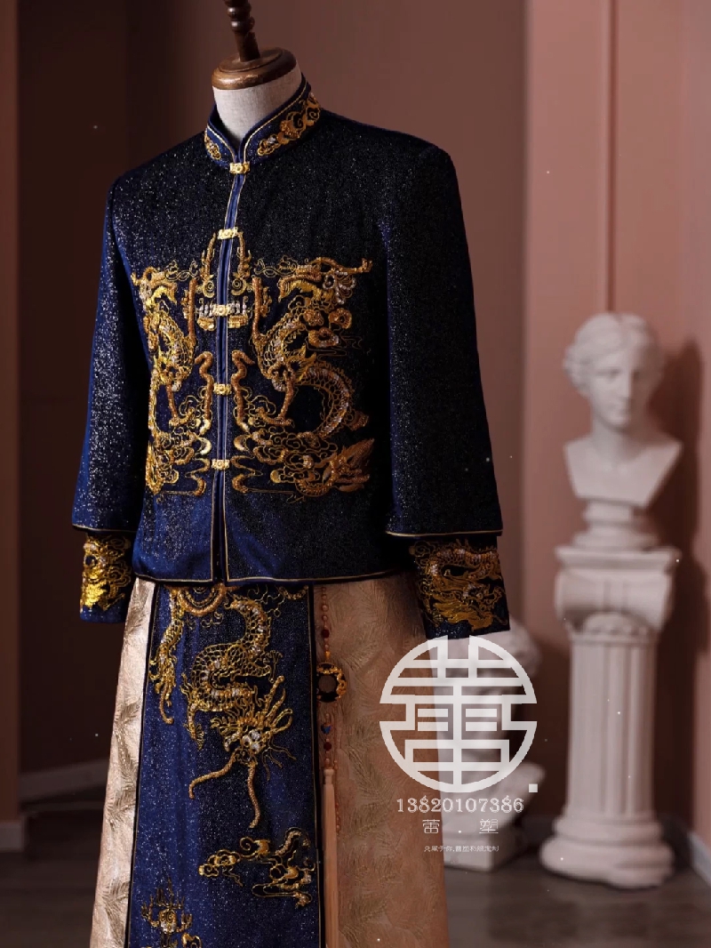 出租定制男款秀禾服深蓝色结婚敬酒服新郎中式礼服龙凤褂2022年