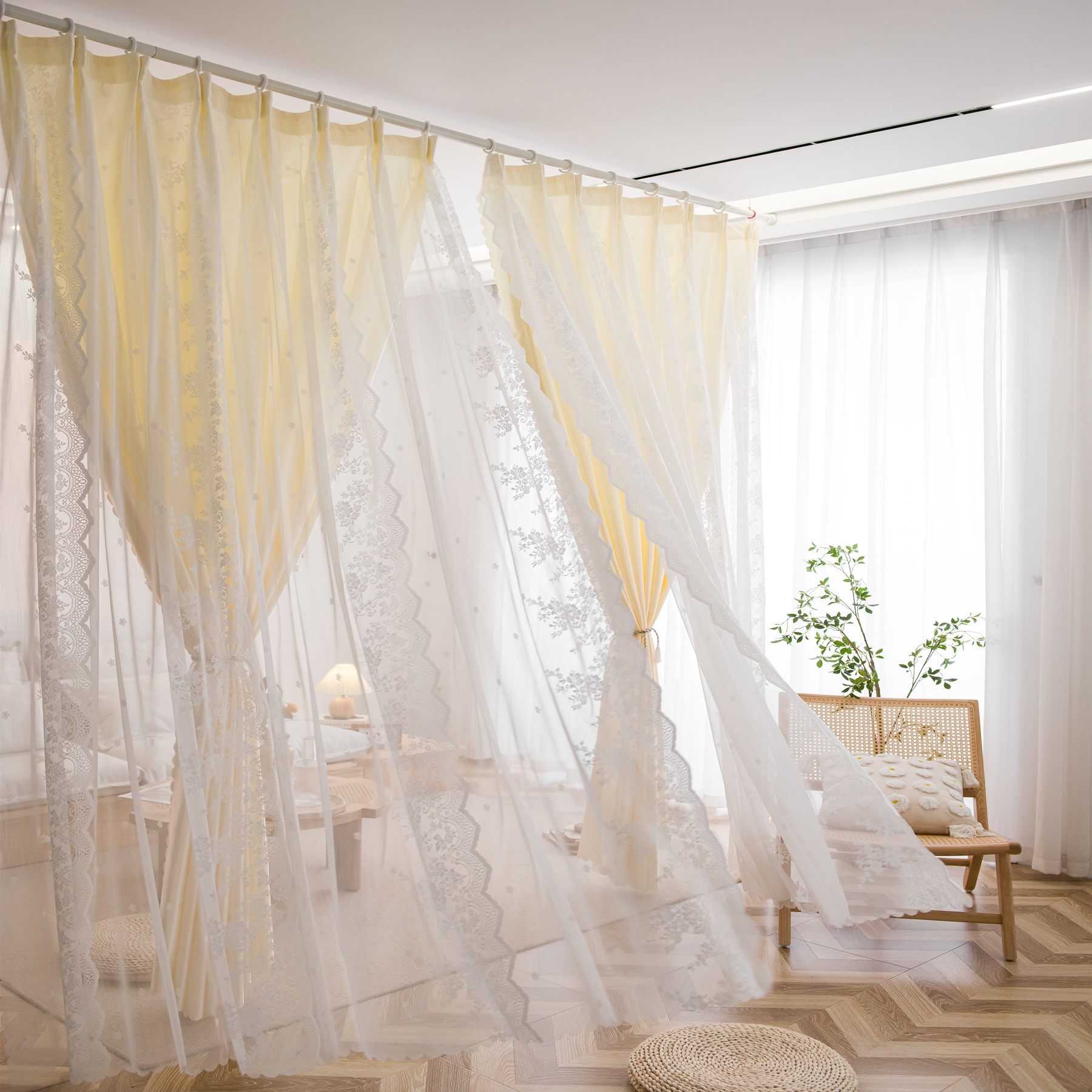 法式轻奢白色蕾丝纱帘透光不透人双层公主风卧室客厅飘窗仙气窗帘