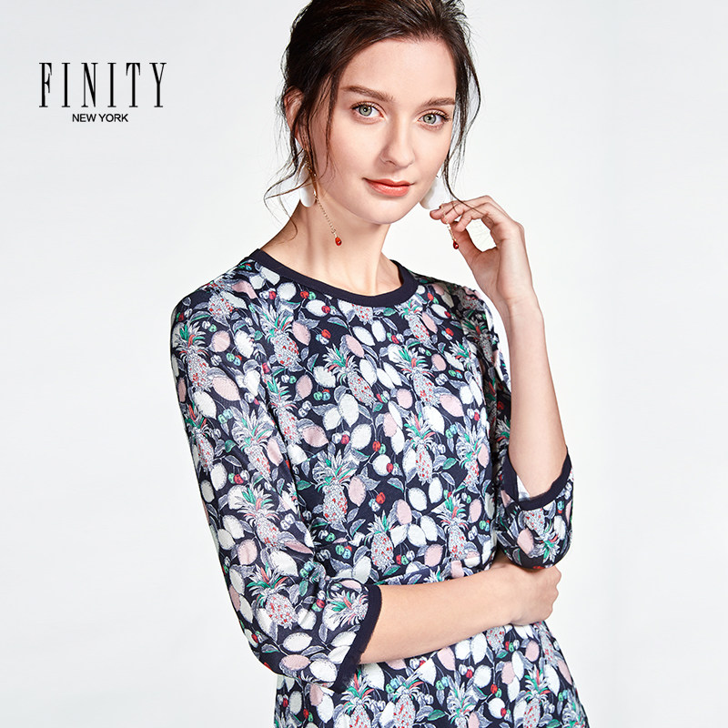 finity2021春款女装新款碎花裙子高腰大码显瘦中长款印花连衣裙