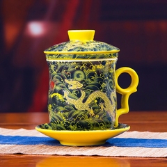 景德镇陶瓷 四件套 茶杯 过滤杯 红蓝 海浪金龙 陶瓷茶杯