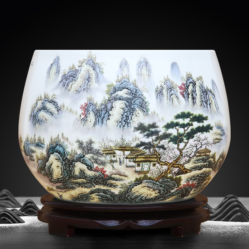 景德镇陶瓷粉彩山水聚宝盆装饰品客厅家居桌面缸玄关风水招财摆件