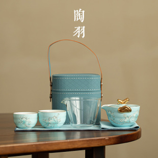 玉兰花陶瓷手抓壶一壶两杯旅行功夫茶具套装户外便携式简约快客杯