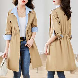 春季女装新款韩版修身型中长款纯色薄款拼接风衣女装艾美斯