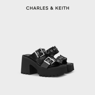 CHARLES&KEITH24春新款CK1-80580147方头厚底铆钉皮带高跟拖鞋女