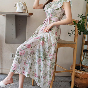 2022 spring and summer new Korean fashion temperament Bohemian printed holiday style one shoulder dress