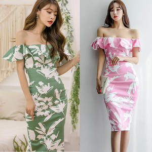 2022 summer clothes new Korean style temperament celebrity one-line collar Ruffle slim print Hip Wrap Dress