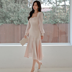 2022 spring new Korean style fashionable temperament elegant slim atmosphere long sleeve A-type long skirt dress
