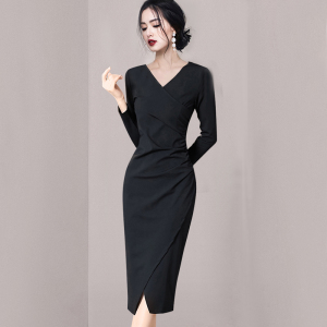 2022 spring new Korean style fashionable temperament elegant long sleeve slim fit Hip Wrap commuter dress