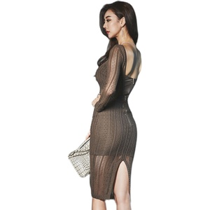 2202 spring new Korean style fashionable temperament elegant slim sexy mesh perspective v open waist dress