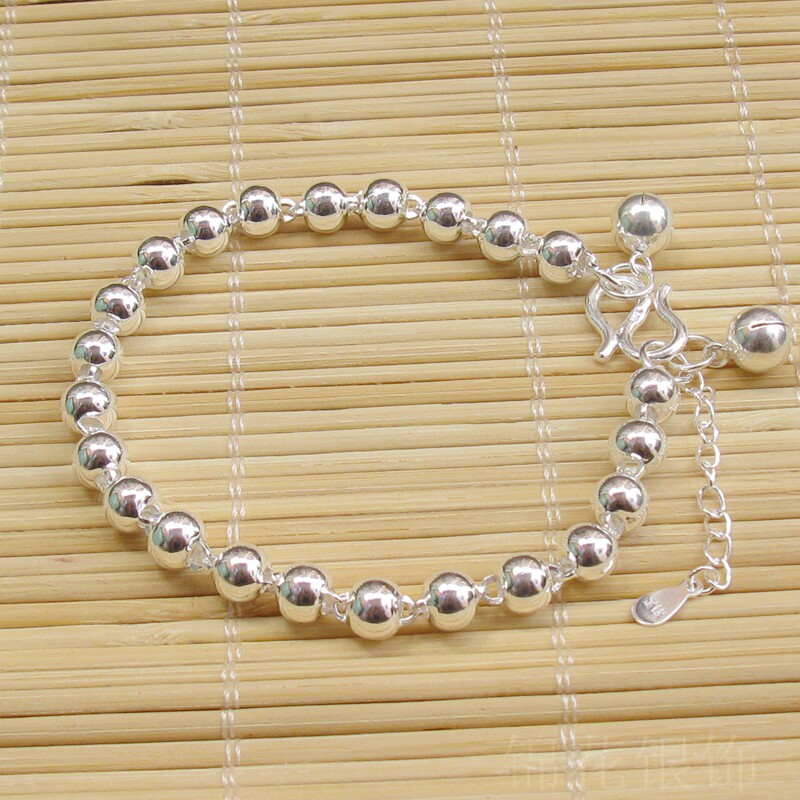 圆珠手链女纯银999足银佛珠手链白银珠子素银手链铃铛