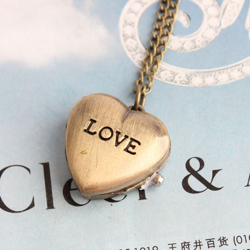 韩版时尚合金青铜色怀表 男女小学生个性桃心形love