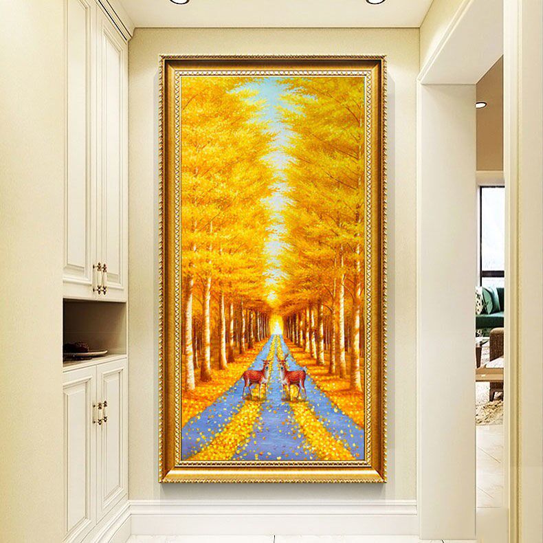 纯手绘油画欧式竖版玄关装饰画走廊过道挂画风景树林壁画黄金大道