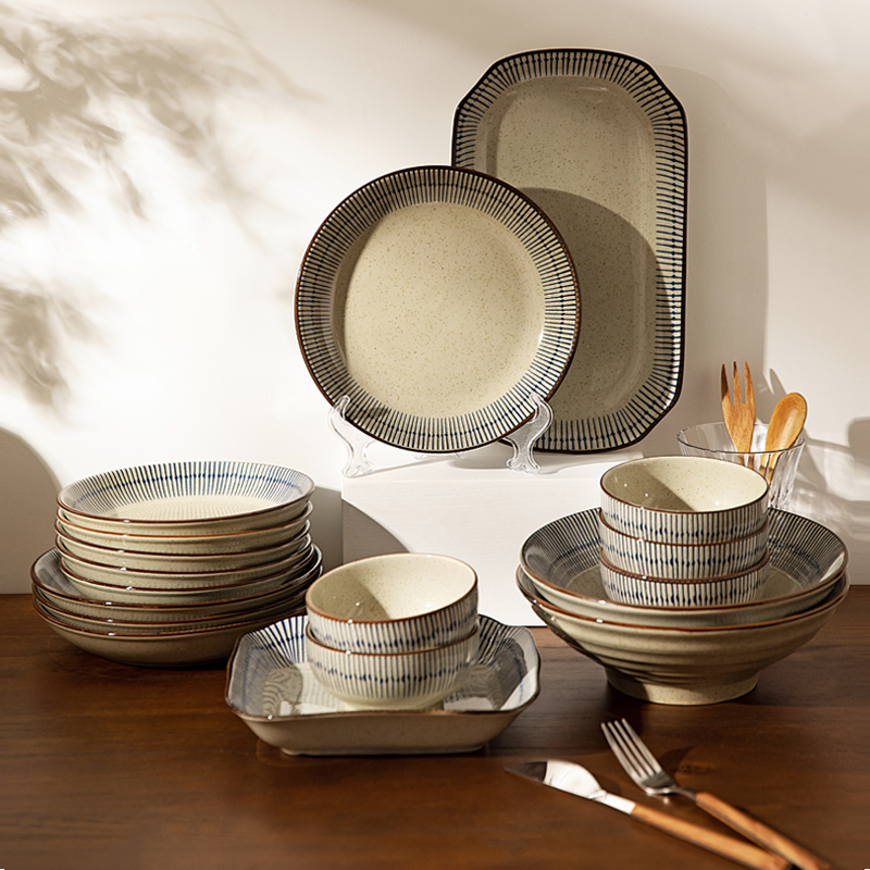 摩登主妇复古碗日系盘子套装长方形盘子斗笠碗汤碗盘饭碗家用中式