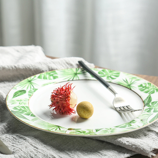 骨瓷餐具家用菜盘甜品沙拉平盘绿边10寸盘创意西餐盘大号牛排盘子