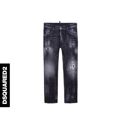 dsquared2次方早秋男士破洞漆点黑色显瘦直筒牛仔裤