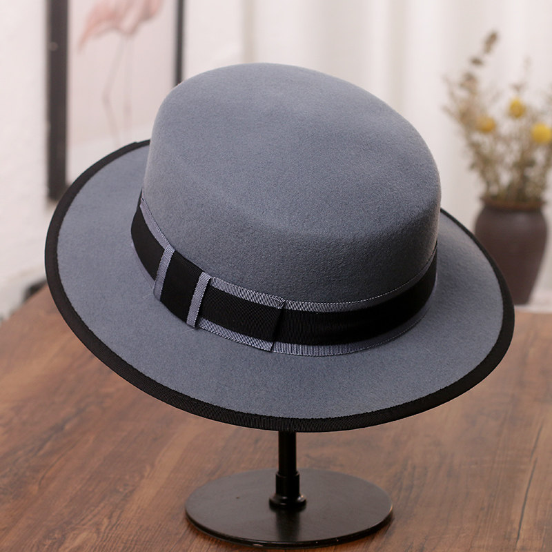 帽子女秋冬法式经典款赫本名媛羊毛呢平顶礼帽英伦复古宽檐爵士帽