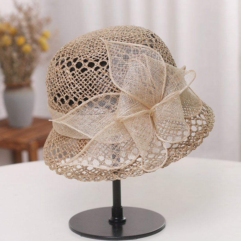 新款手工编织草帽英伦复古优雅花朵镂空渔夫盆帽麻纱装饰礼帽—帽子