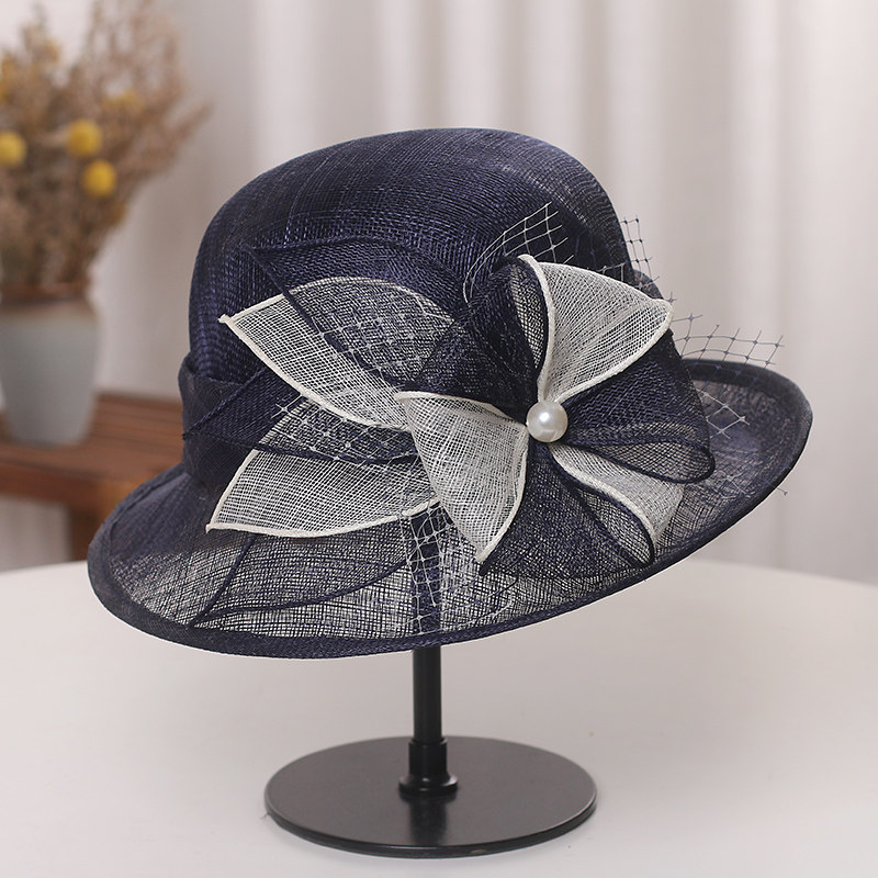 帽子女士英伦复古优雅花朵麻纱礼帽夏季遮阳帽宴会礼服装饰盆帽女