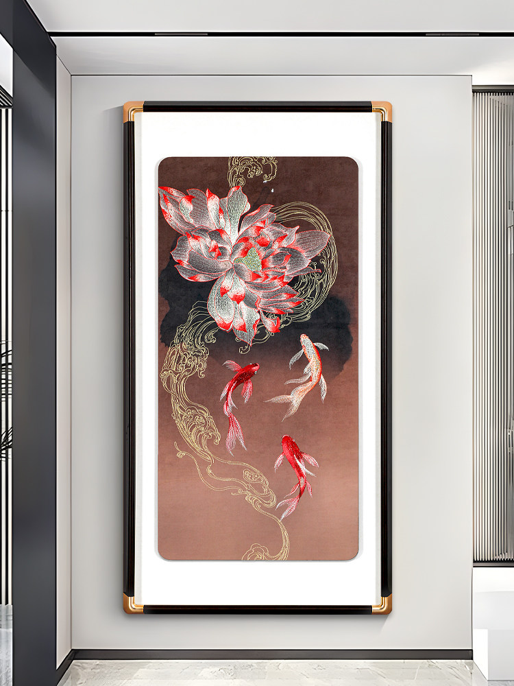 苏州手工刺绣荷花鲤鱼挂画 玄关走廊装饰画高端推荐