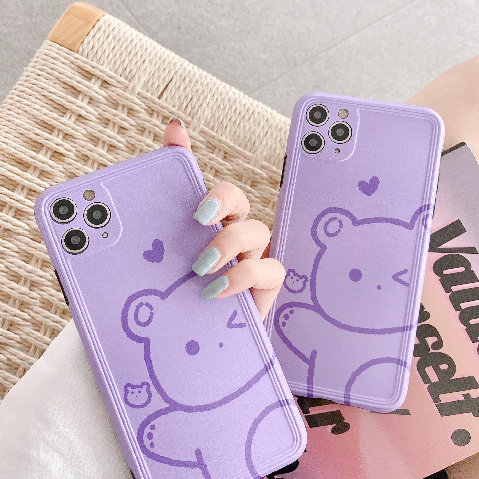 原创紫色小熊11pro/max苹果x/xs/xr适用手机壳iphone78plus防摔套