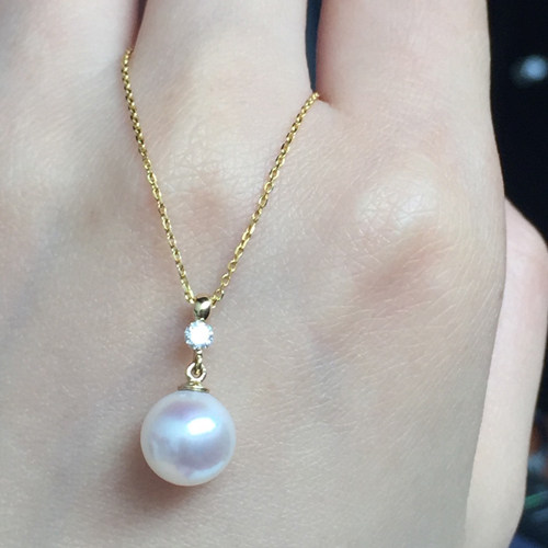 唐秋珠宝18k黄金镶嵌真钻石吊坠天然akoya日本海水珍珠项链锁骨链