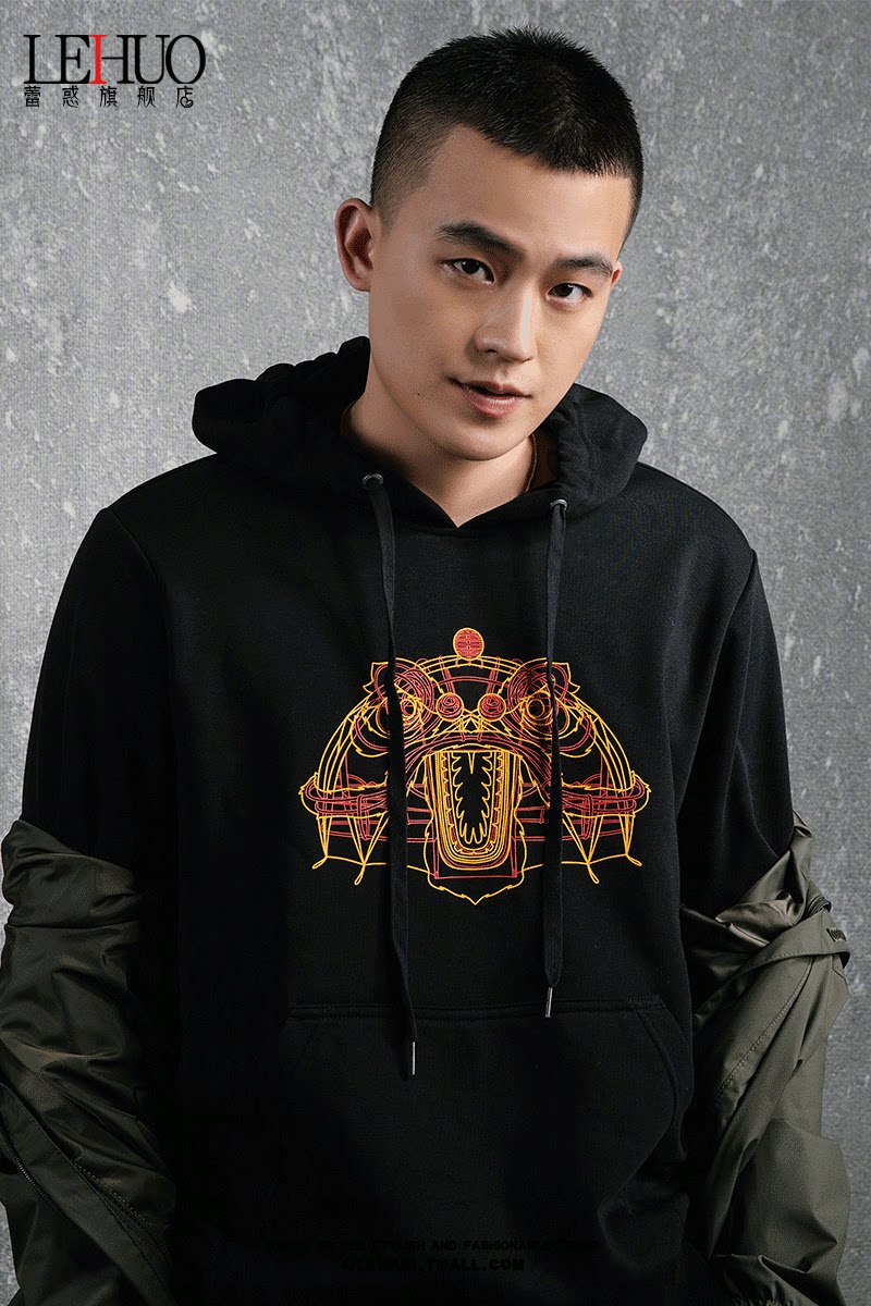 热销欧豪_oho欧豪明星同款醒狮黑色卫衣男女2020sup新款鼠年国潮印花
