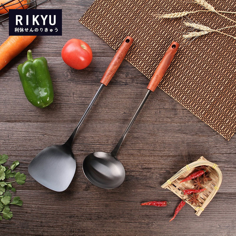 Rikyu日本利休加厚炒菜铲子锅铲黑钢铁铲锅勺厨房用烹饪用具炒勺