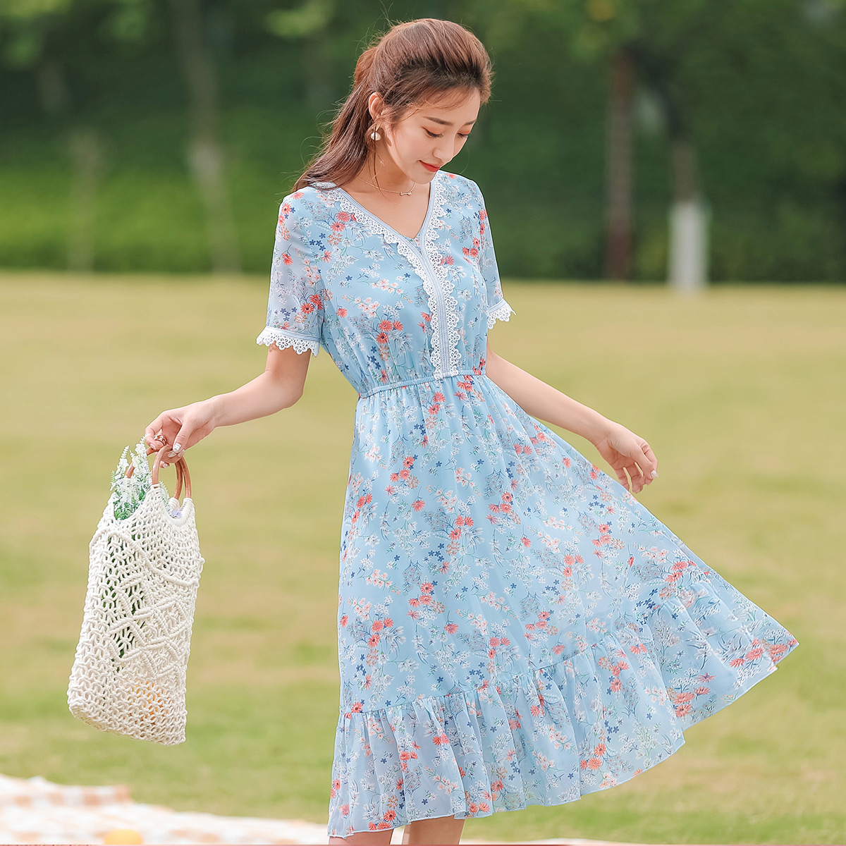 热销小碎花雪纺连衣裙短袖松紧腰夏