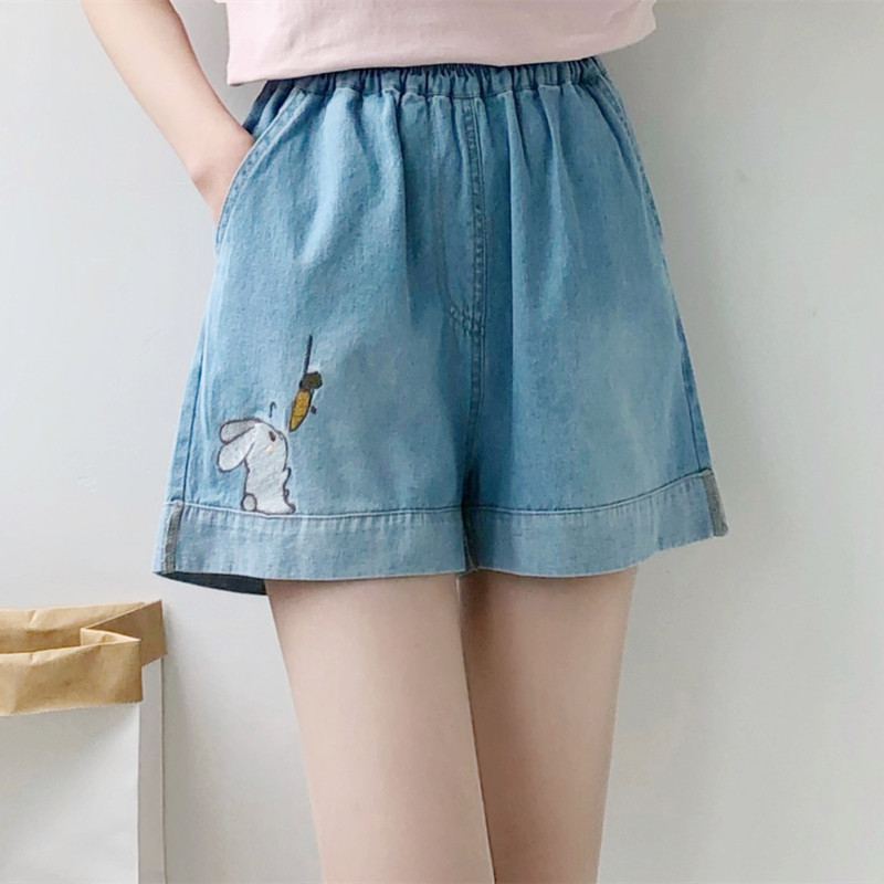 可爱兔子胡萝卜刺绣高腰牛仔短裤女夏季薄款软妹学生宽松阔腿裤子