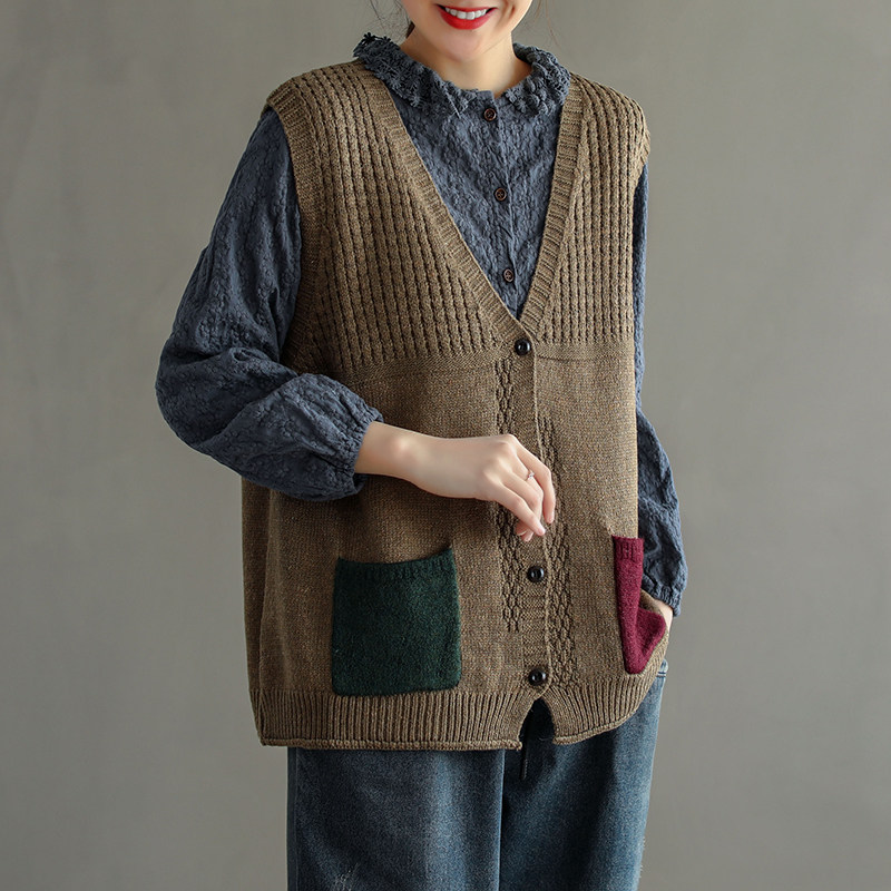 花概念复古文艺v领马甲背心女宽松显瘦无袖开衫马夹减龄棉针织衫