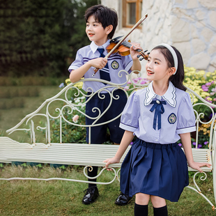 幼儿园园服毕业照紫色套装小学生校服夏季短袖英伦学院风儿童班服