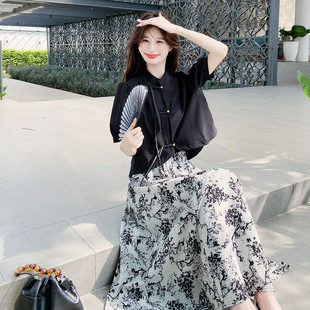 黑色新中式国风套装女夏季2024新款半裙两件套今年流行漂亮套装裙