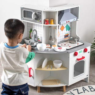 新款木制转角厨房灶台套装儿童过家家仿真声光出水厨房玩具礼物