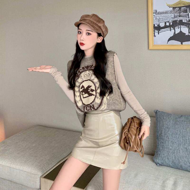 时尚套装2019秋装港味韩版弹力打底衫毛衣背心包臀皮裙三件套女潮