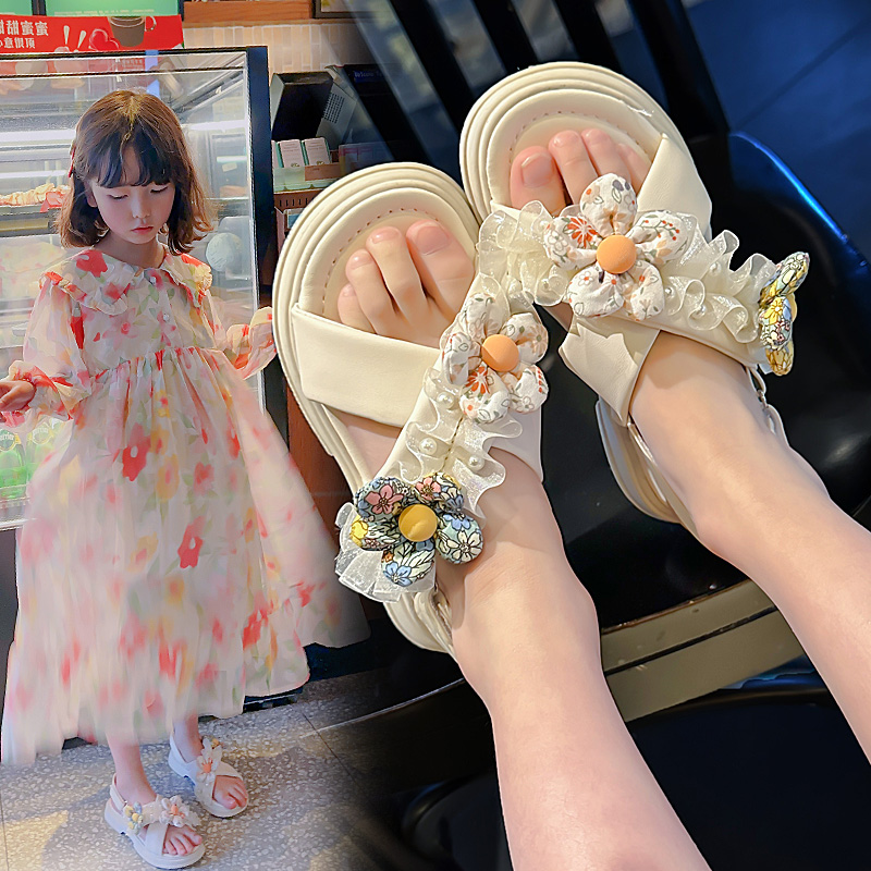 女童交叉凉鞋2024夏季新款花朵时尚一字拖儿童珍珠百搭沙滩鞋软底