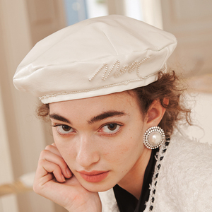 新品mood x miura手工定制mxm珍珠白色画家帽pu皮个性贝雷帽