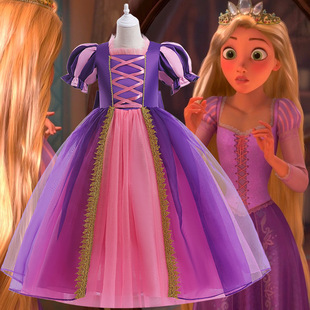 新款迪士尼女童公主礼服长裙girl dress长发公主网纱泡泡袖连衣裙