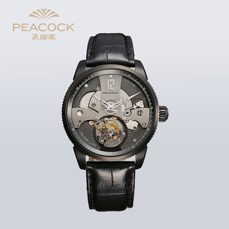 孔雀手表peacock钢壳商务镂空陀飞轮机械手表孔雀表 p501t-2黑色