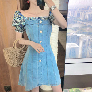 Broken flower stitched pearl single breasted slim fitting denim dress women's skirt