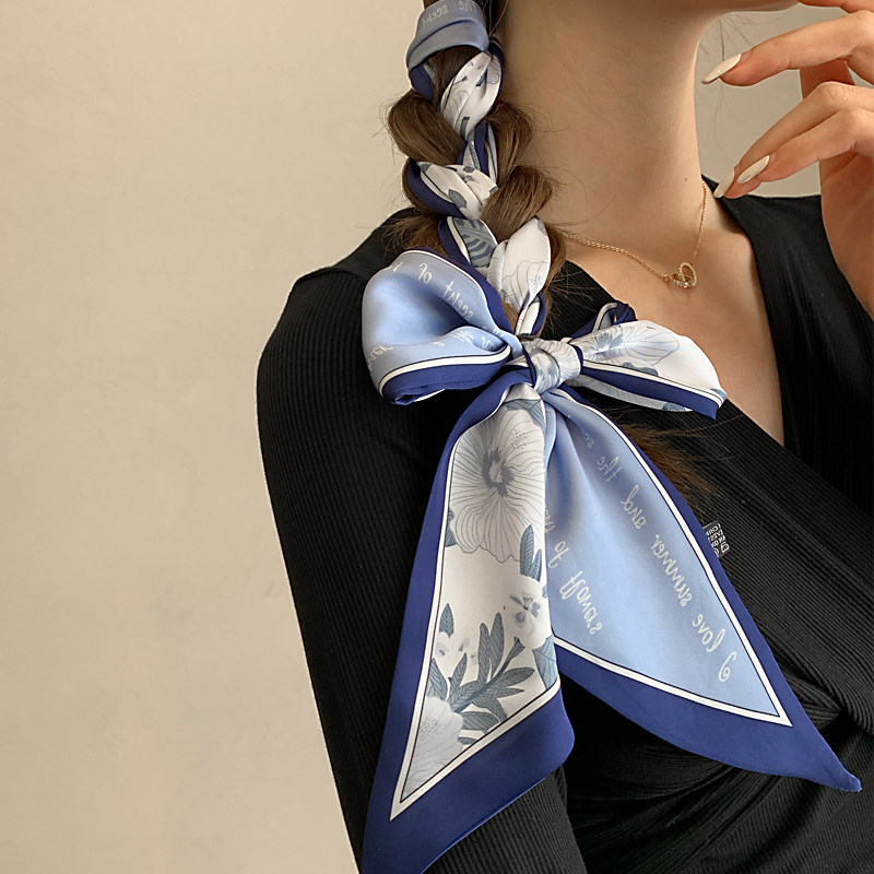 韩国丝巾女夏季真丝复古法式长条装饰丝带扎头发薄款飘带女窄领巾
